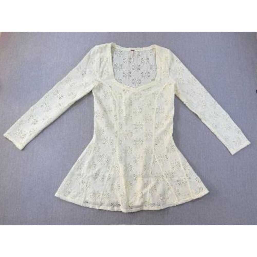 Free People Cream Floral Lace Peplum Blouse S Fitted Flare Sheer Boho Romantic
